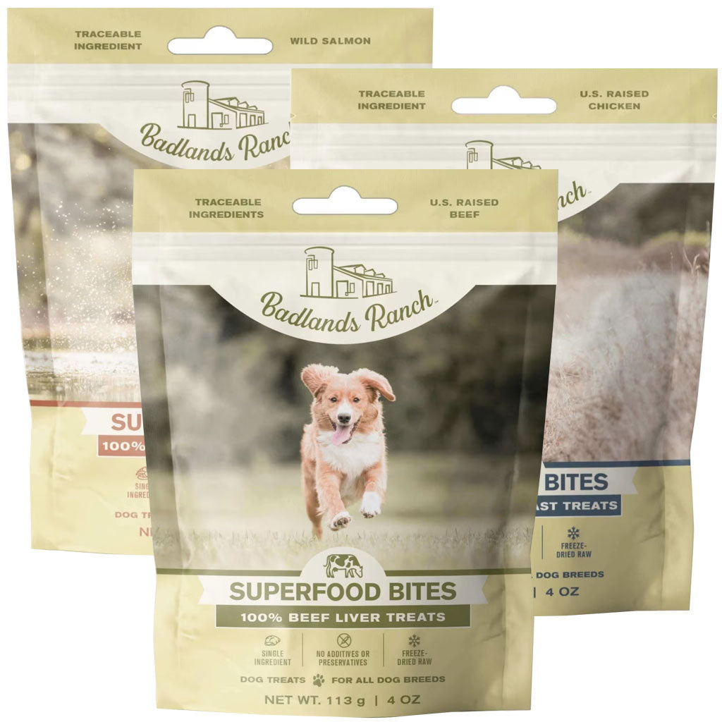 Badlands Ranch Superfood Bites Air Dried Premium Treats for Dogs, Variety Flavor (Beef Liver, Chicken Breast & Wild Salmon, 4-oz, 3-Pack